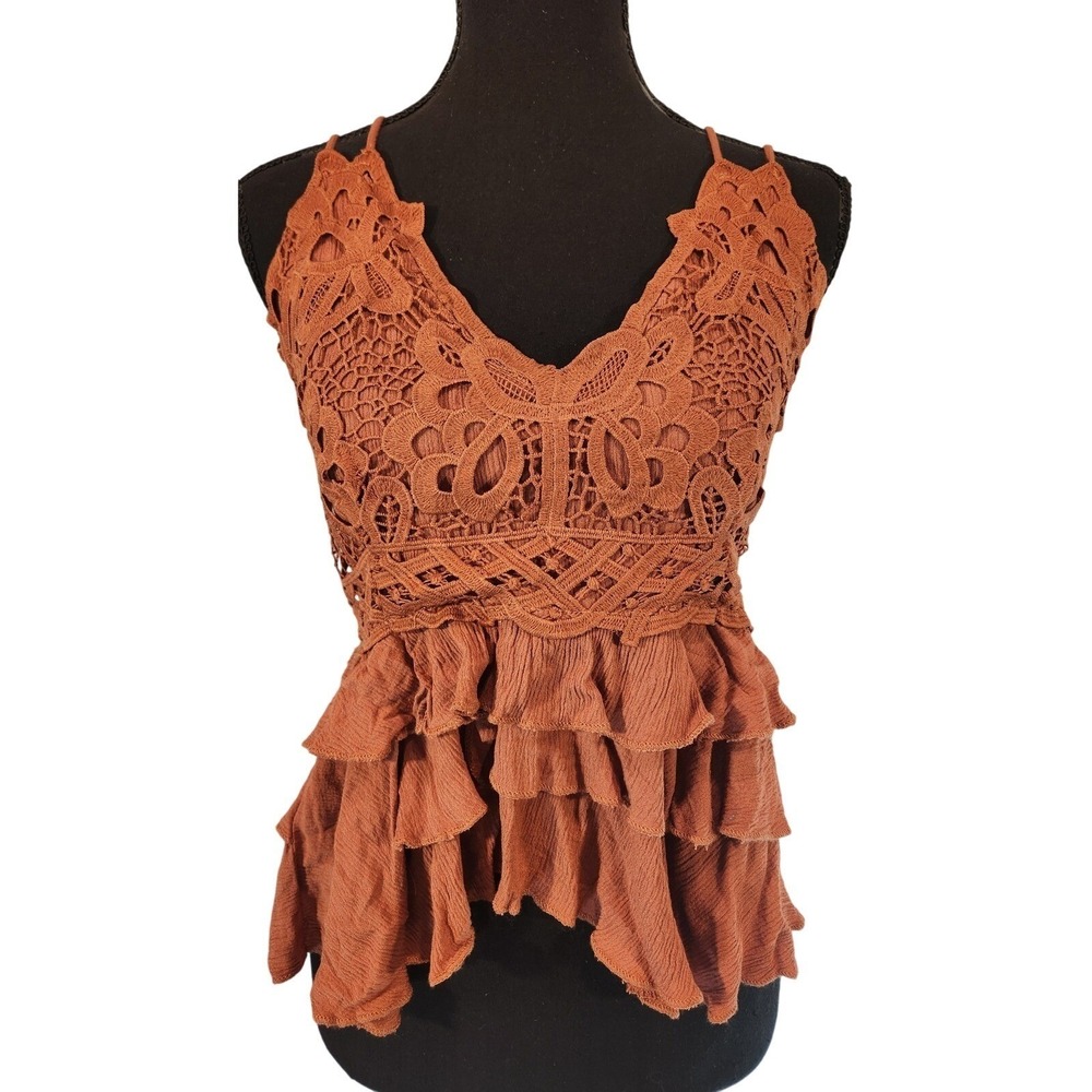Y2K Crochet CAMI Ruffle Peplum‎ Top RUST BROWN woodland fairy ELF Medium 33-35